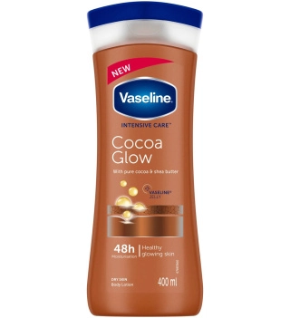 لوسیون بدن وازلین شکلاتی مدل cocoa glow (لوسیون بدن کاکائو وازلین) (Vaseline Intensive Care Cocoa Glow Body Lotion)  حجم:400 میلی لیتر حاوی عصاره کاکائو دارای ویتامین‌ E آبرسانی و مرطوب کننده پوست نرم کننده و تقویت کننده پوست