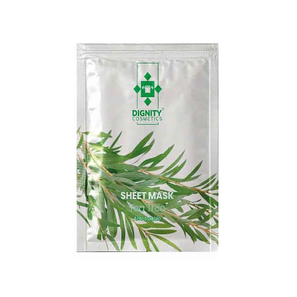 ماسک تسکین دهنده صورت ورقه ای دیگنیتی مدل tea tree مناسب پوست های جوش دار, حساس, مستعد آکنه, معمولی